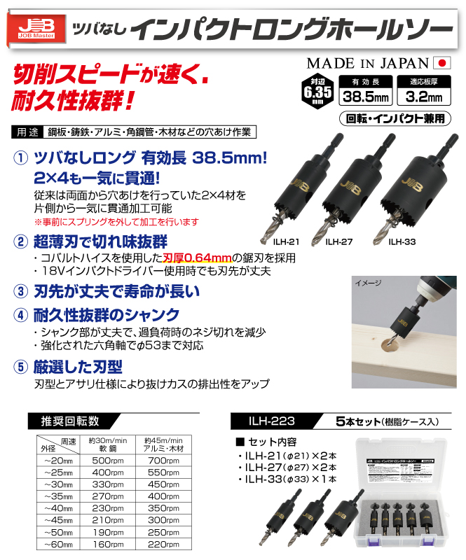 ILH-21 ツバなしインパクトロングホールソー φ21mm｜電設工具の