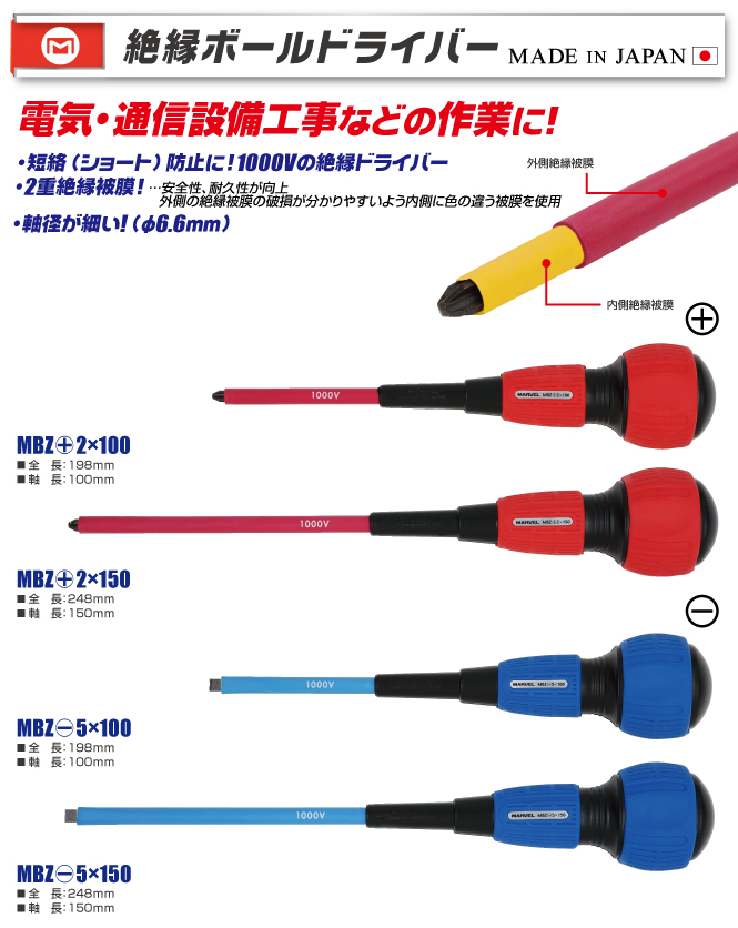 MBZ-5X150 絶縁ボールドライバー (-)｜電設工具のメーカー。（株